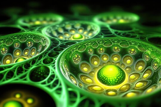 A vibrant fractal artwork depicting a network of interconnected, glowing green and yellow spherical depressions, each containing smaller spheres, 