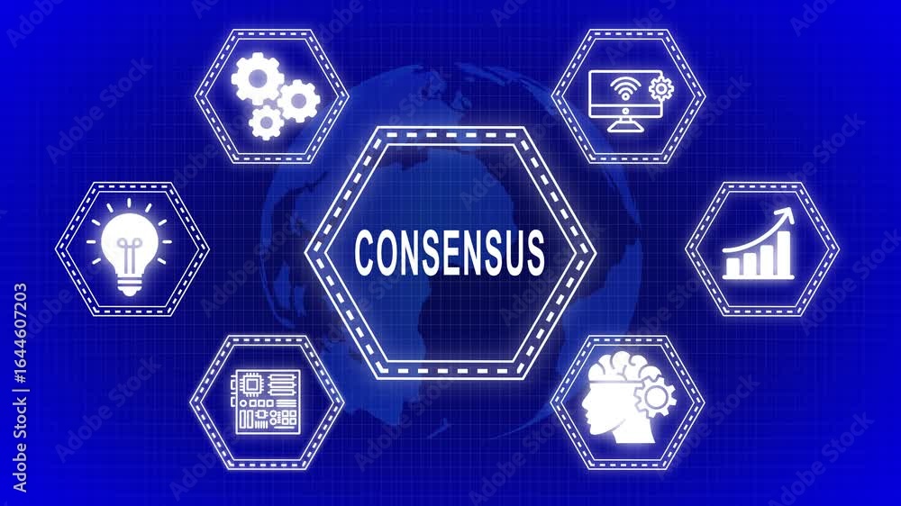 Aufkleber visual representation of consensus idea and technologies on a global blue background