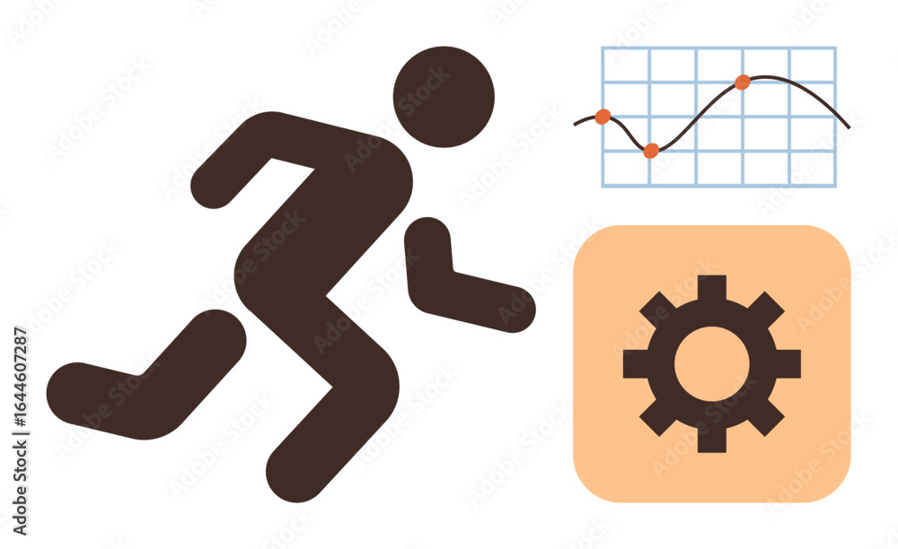 Poster running figure with a line graph and gear icon suggesting performance monitoring, productivity, and 