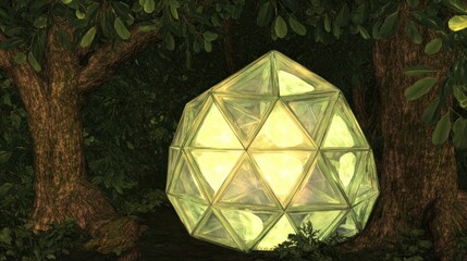 Mystical glowing geode in the forest illuminated by soft ethereal light