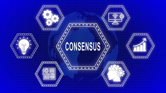 Visual representation of consensus idea and technologies on a global blue background