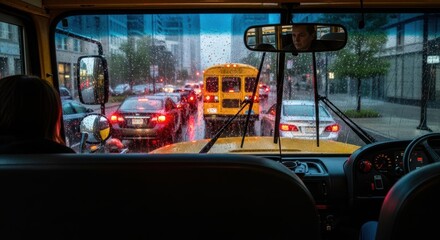 Naklejka premium View from Inside a School Bus on a Rainy Day, Looking Out at Traffic and Wet Roads