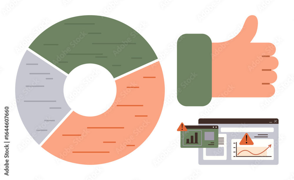 Poster thumbs up next to segmented pie chart and two digital dashboards with alert symbols. ideal for teamw