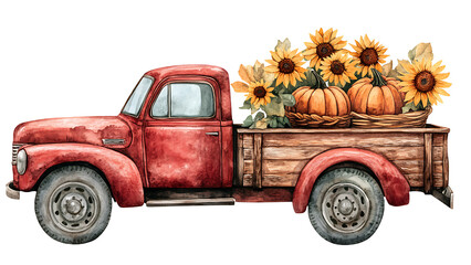 Watercolor of a red pickup truck carrying pumpkins and sunflowers.