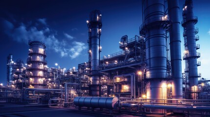 A large, industrial oil refinery at night, with illuminated towers and pipelines