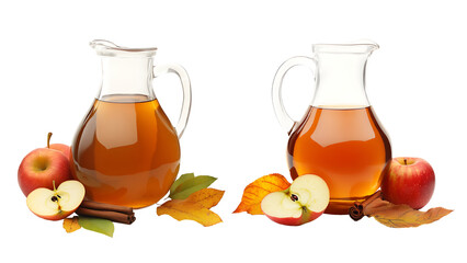Two jugs of apple cider are displayed alongside fresh apples, cinnamon sticks, and autumn leaves.