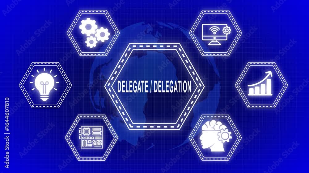 Aufkleber conceptual graphic illustrating delegate and delegation with relevant icons and visuals