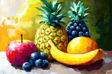 Vibrant still life painting of a red apple, two pineapples, blueberries, a banana, and an orange, rendered in a painterly style with bold colors and visible brushstrokes on a textured background