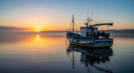 A fishing boat is silhouetted against a vibrant sunrise over the sea, the calm water reflects the golden light, creating a tranquil and picturesque scene, the boat is the only object in the water