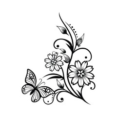 Abstract floral background featuring a vibrant, spring-inspired vector pattern of pink flowers and green leaves, perfect for a card or wallpaper design on white background silhouette icon illustration