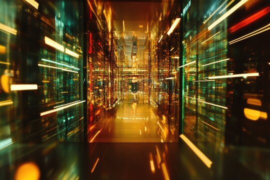 A long, narrow corridor filled with glowing, multicolored server racks, creating a vibrant, futuristic, and slightly blurred effect from motion. 