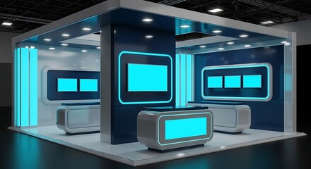 Obraz premium Modern Exhibition Booth with Turquoise Screens and Sleek Design