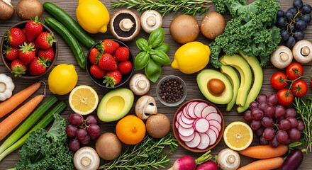 Abundant fresh organic produce including strawberries, avocados, carrots, lemons, kale, and mushrooms beautifully arranged on a rustic wooden surface.