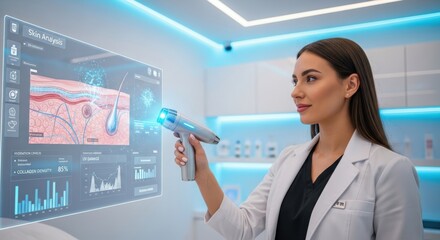Female Doctor Interacting with Holographic Screen Displaying Human Skin Anatomy and Medical Data