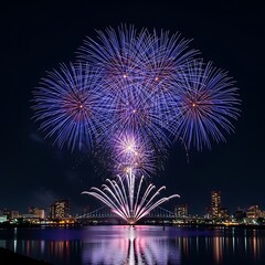 Spectacular fireworks display over a city skyline reflected in the water at night, creating a vibrant and colorful scene.