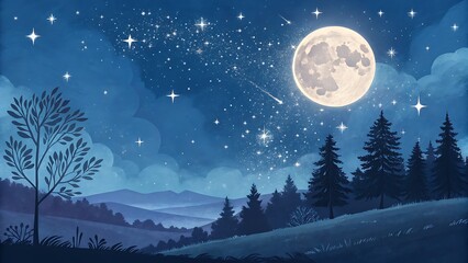 Fototapeta premium Stunning night scene with radiant moon, twinkling stars, and peaceful forest landscape