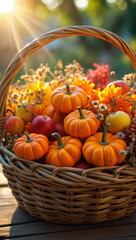 Basket with Pumpkins, Apples, and Dried Flowers in Autumn

