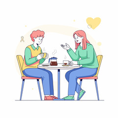 Two friends enjoying coffee and conversation at a cafe, sharing stories and laughter in a cozy setting.