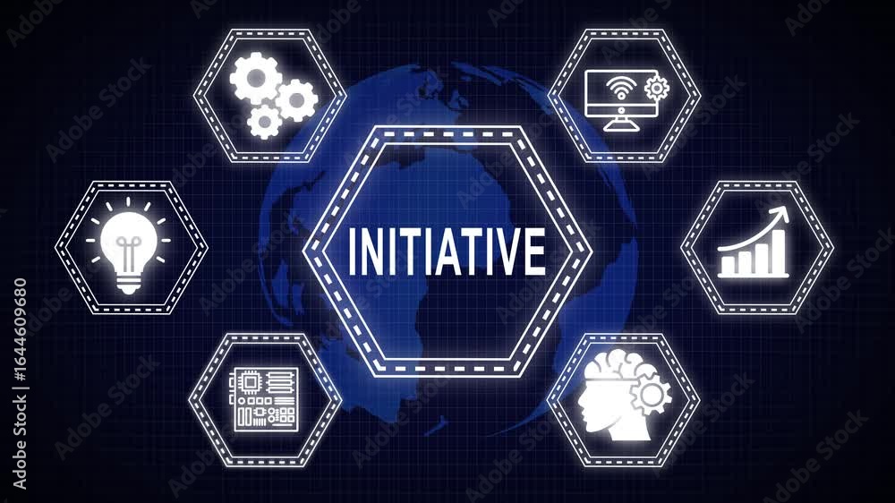 Aufkleber digital initiative conceptualized with technology icons and the world map background