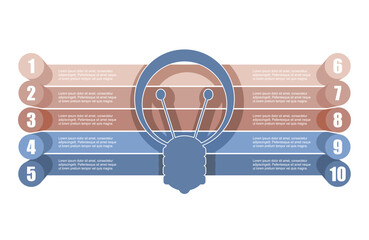 Bulb icon with ten features or option of project to select. Minimal infographic illustration for business and science information visualization.