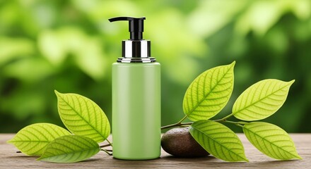 Natural beauty product with fresh leaves and bokeh background