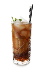 Glass of Long Island iced tea cocktail with mint on white background