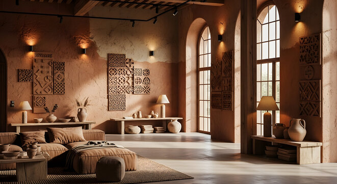Sunlit rustic living room with terracotta stucco walls ethnic art and wooden beams.