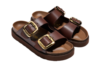 Brown leather sandals with large buckles on a platform sole