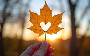 Autumn yellow leaf of maple with cut heart in a hand against blue sky on sunset. High quality