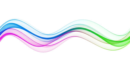 Abstract flowing wave with transparent pink, blue, and green lines on a white background.