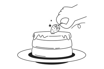 Minimal line art of a hand placing a fresh strawberry on top of a layered cake with icing.