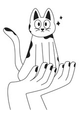 Fototapeta premium Line art of a cat sitting gracefully on open hands, symbolizing care and love for pets.