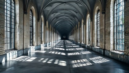 Long Sunlit Corridor with Arched Ceiling in Abandoned Building 