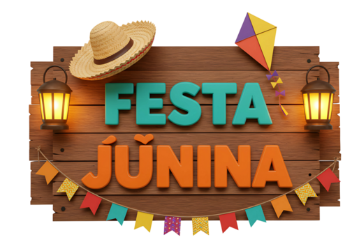 Festa junina wooden sign with straw hat and kite isolated on transparent background - Powered by Adobe