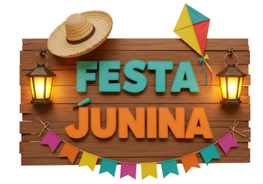 Festa junina wooden sign with straw hat and kite isolated on transparent background