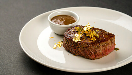 Exquisite Filet Mignon with Edible Gold Flakes on a Luxurious White Plate, Savory Steak with Decadent Sauce and Glistening Garnish for a Fine Dining Experience