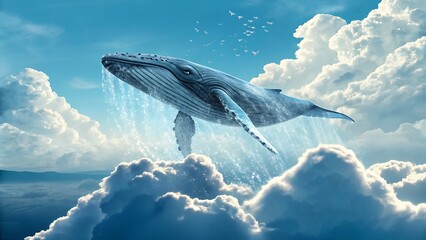 Majestic whale soaring through fluffy clouds in a dreamlike sky, creating a stunning visual