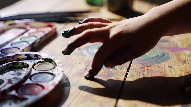 Child's Creative Exploration: Finger Painting with Watercolors on Wooden Surface, Arts