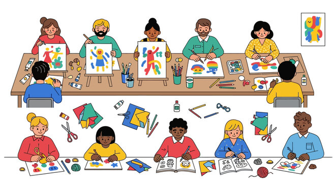 Diverse community of adults and children creating together in a vibrant art class, learning painting and drawing skills in a workshop. - Powered by Adobe