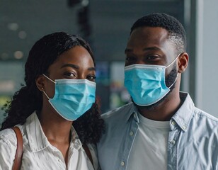 A smiling couple, wearing light blue face masks, stand close together indoors