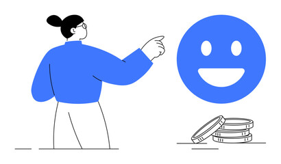 Person gesturing towards a happy face icon with coin stacks, suggesting success, goals, motivation, rewards, finance, achievements, and satisfaction. Ideal for business finance or simple landing