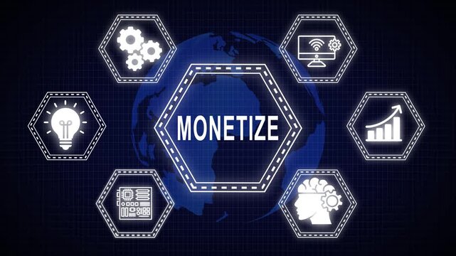 Conceptual animation of the monetization process with global connections and relevant icons