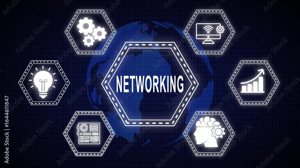 Poster futuristic networking concept represented by animated icons on a digital background