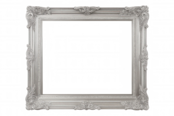 Elegant silver baroque frame with ornate details, isolated on a transparent background, creating a perfect space for showcasing artwork or photographs