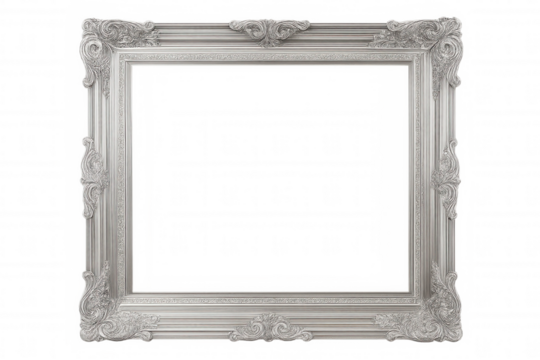 Elegant silver baroque frame with ornate details, isolated on a transparent background, creating a perfect space for showcasing artwork or photographs - Powered by Adobe