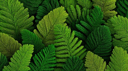 Vivid green tropical leaves background with intricate botanical texture pattern, lush foliage design for nature art, eco wallpaper, and decorative plant theme illustration.