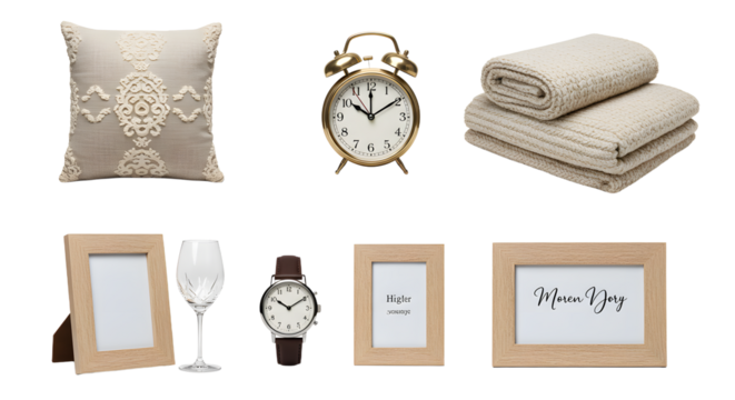 LIFESTYLE - Collection of beige home decor and accessories including pillow, alarm clock, folded towels, picture frames, wine glass, and wristwatch on white background