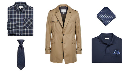 LIFESTYLE - Collection of men's fashion items including a plaid shirt with tie, beige trench coat, navy blue polo with polka dot pocket square, and matching polka dot neckerchief