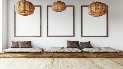 Minimalist interior design featuring three blank frames, a low wooden platform with cushions, and three hanging woven pendant lights against a white wall and wood floor
