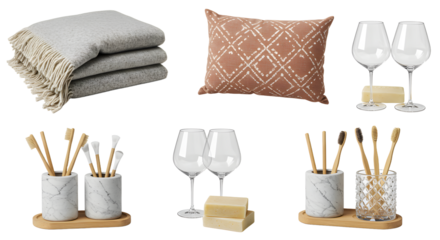 LIFESTYLE - Cozy home decor collection with soft blankets, patterned pillow, wine glasses, reed diffusers, and natural soap bars on a white background